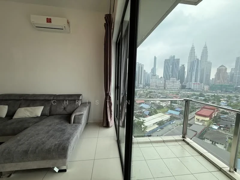 Living features: grey fabric L-shape sectional sofa, floor-to-ceiling windows, sliding glass door, city skyline view, wall-mounted split AC, cream painted walls, tile flooring, curtains; style: modern; view: city.