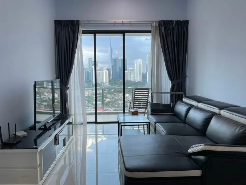 Living features: black leather sectional sofa, glass coffee table, white TV console, wall-mounted TV, floor-to-ceiling windows, grey curtains, glossy tile flooring, city skyline view, decorative wall art; style: modern; view: city.
