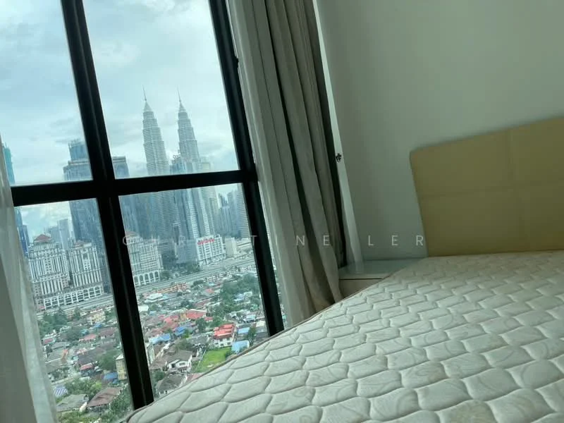Bedroom features: floor-to-ceiling windows, city view, queen-size bed, light-colored headboard, curtains, neutral wall color, carpeted flooring; style: modern; view: city.
