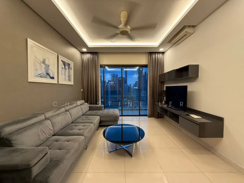 Living features: 3-seater fabric sofa in grey, round coffee table with blue top, wall-mounted TV, TV console with storage, floor-to-ceiling windows, sheer curtains, recessed downlights, ceiling fan, cream painted walls, tile flooring; style: modern; view: city.