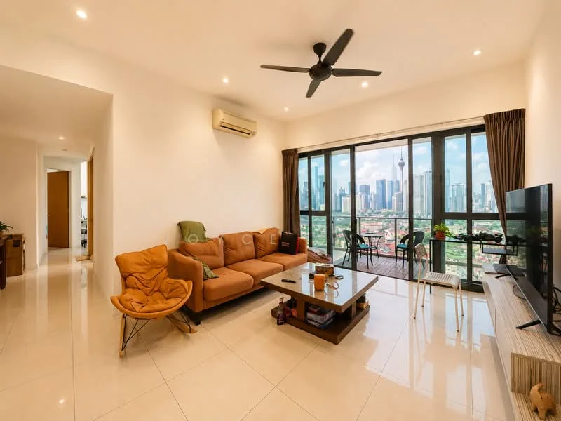 Living features: 3-seater fabric sofa in orange, coffee table, TV console, wall-mounted TV, floor-to-ceiling windows, city skyline view, recessed downlights, ceiling fan, cream painted walls, porcelain tile flooring, area rug, decorative plants; style: modern; view: city.