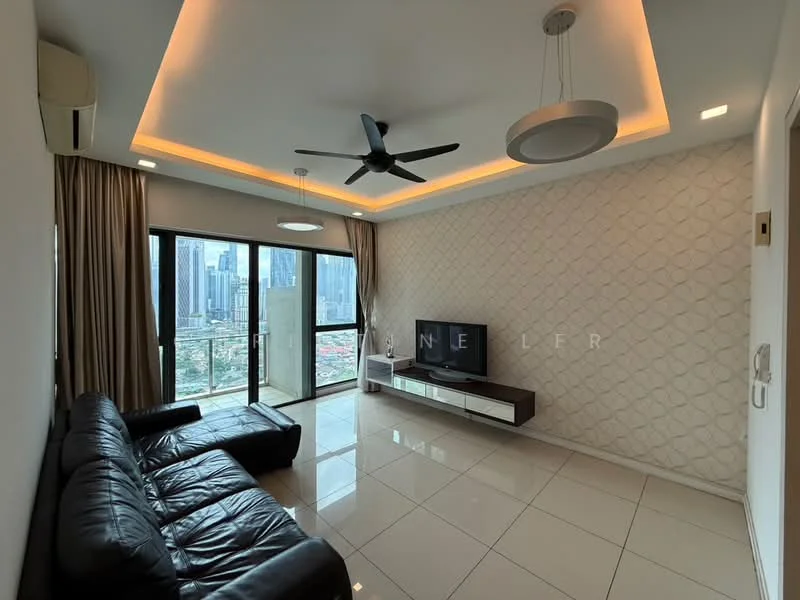 Living features: black leather sofa, wall-mounted TV, TV console with storage, floor-to-ceiling windows, city view, recessed LED downlights, ceiling fan with light, cream painted walls with geometric pattern, white tiled flooring, curtains, decorative ceiling with cove lighting; style: modern; view: city.