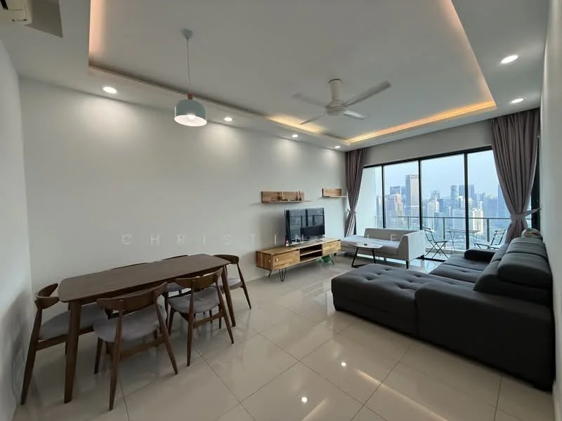 Living features: grey L-shape sectional sofa, wooden coffee table, wall-mounted TV, TV console, 5-blade ceiling fan with light, recessed downlights, floor-to-ceiling windows, curtains, white painted walls, glossy tile flooring, dining table with 4 upholstered chairs, decorative wall shelf; style: modern; view: city.