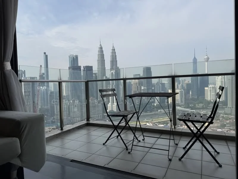 Balcony features: glass railing, city skyline view, outdoor dining table, two folding chairs, tiled flooring, overhead awning, curtains, floor-to-ceiling windows; style: modern; view: city.