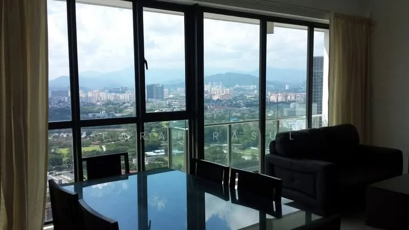 Dining features: glass dining table, black dining chairs, floor-to-ceiling windows, city skyline view, sheer curtains, mountain view, light-colored walls, laminate flooring; style: modern; view: city. Living features: black fabric sofa, coffee table, floor-to-ceiling windows, city skyline view, sheer curtains, light-colored walls, laminate flooring; style: modern; view: city.