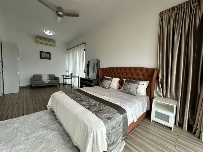 Bedroom features: king-size bed with upholstered headboard in brown, white bedding with decorative pillows, 2 bedside tables with drawers, framed artwork on wall, floor-to-ceiling windows with sheer curtains, grey fabric sofa, wooden flooring, ceiling fan, air conditioning unit, decorative rug; style: modern.