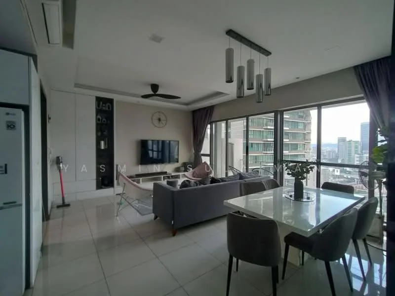 Living features: floor-to-ceiling windows, grey fabric sofa, 3-seater sofa, coffee table, wall-mounted TV, pendant lighting, ceiling fan, area rug, dining table for 6, upholstered dining chairs, neutral wall color, tile flooring, curtains, decorative wall clock; style: modern; view: city.