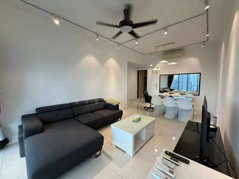 Living features: 3-seater fabric sofa in dark grey, white coffee table, wall-mounted TV, ceiling fan with integrated light, recessed LED downlights, large mirror, tile flooring, open layout, floor-to-ceiling windows, dining area with round table and chairs; style: modern; view: city.
