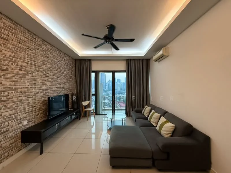Living features: exposed brick accent wall, white painted walls, polished ceramic tile flooring, 5-blade ceiling fan with light, sofa in grey fabric, coffee table, TV console, wall-mounted TV, floor-to-ceiling windows, curtains, city skyline view; style: modern; view: city.