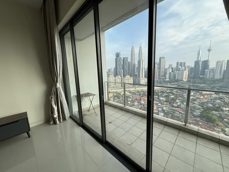 Room features: floor-to-ceiling windows, sliding glass door, grey tiled flooring, curtains, balcony with railing, city skyline view, outdoor table, open space; style: modern; view: city.