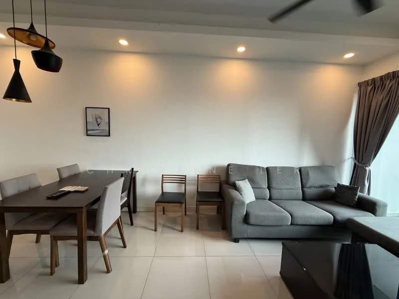 Living features: grey fabric sectional sofa, coffee table, TV console, wall-mounted TV, area rug, 5-blade ceiling fan, floor-to-ceiling windows, sheer curtains, recessed downlights, decorative wall art, white painted walls, tile flooring; style: modern; view: city. Dining features: 6-seater dining table, upholstered dining chairs, wooden dining chairs, table setting, white painted walls, tile flooring; style: modern.