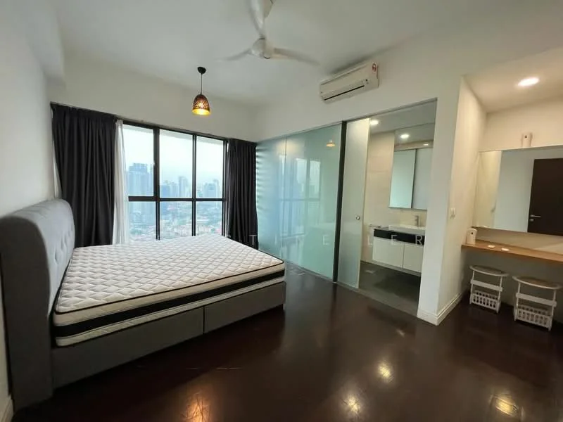 Bedroom features: king-size bed, upholstered headboard, floor-to-ceiling windows, city view, dark grey curtains, wooden flooring, 5-blade ceiling fan with light, wall-mounted split AC, glass partition to bathroom, built-in wardrobe, vanity area with mirror, light fixture, decorative wall light; style: modern; view: city.