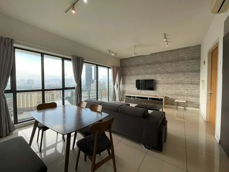 Living features: floor-to-ceiling windows, grey accent wall, recessed downlights, sofa in dark grey, coffee table, TV console, wall-mounted TV, dining table for 4, wooden dining chairs, white walls, polished tile flooring, curtains, city view; style: modern; view: city.