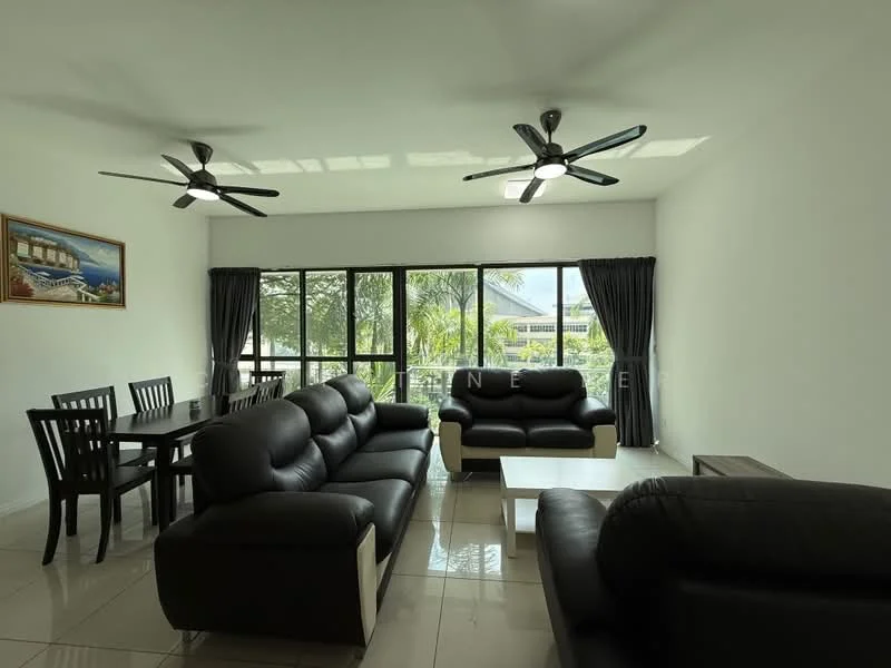 Living features: 3-seater leather sofa, 2-seater leather sofa, 4-seater dining table, black ceiling fan with light, black ceiling fan with light, large windows, grey curtains, white painted walls, glossy tile flooring, decorative wall art; style: modern; view: garden.