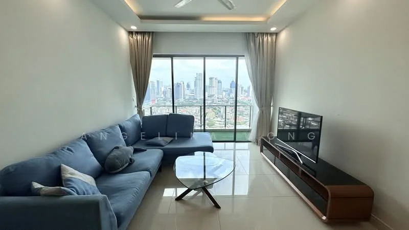 Living features: L-shape sectional sofa in blue, glass coffee table, wall-mounted TV, TV console in wood, floor-to-ceiling windows, city skyline view, recessed downlights, cream painted walls, glossy tile flooring, curtains, ceiling fan; style: modern; view: city.
