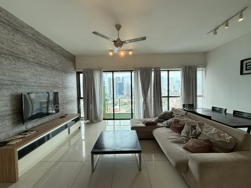 Living features: 3-seater fabric sofa in beige, coffee table with metal legs, wall-mounted TV, wooden TV console, floor-to-ceiling windows, sheer curtains, grey accent wall, recessed downlights, ceiling fan with light, dining table with 4 chairs, polished tile flooring; style: modern; view: city.