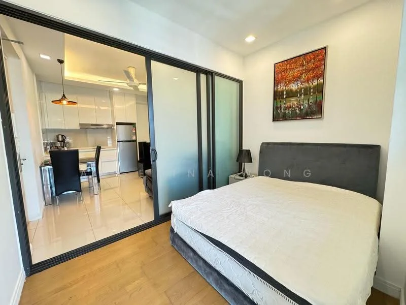 Bedroom features: queen-size bed, upholstered headboard, bedside lamp, wooden flooring, framed artwork on wall, sliding glass door, natural light from window; style: modern. Kitchen features: white cabinetry, stainless-steel fridge, built-in oven, 4-burner gas hob, pendant light, ceramic tile flooring, open layout to living area; style: modern.