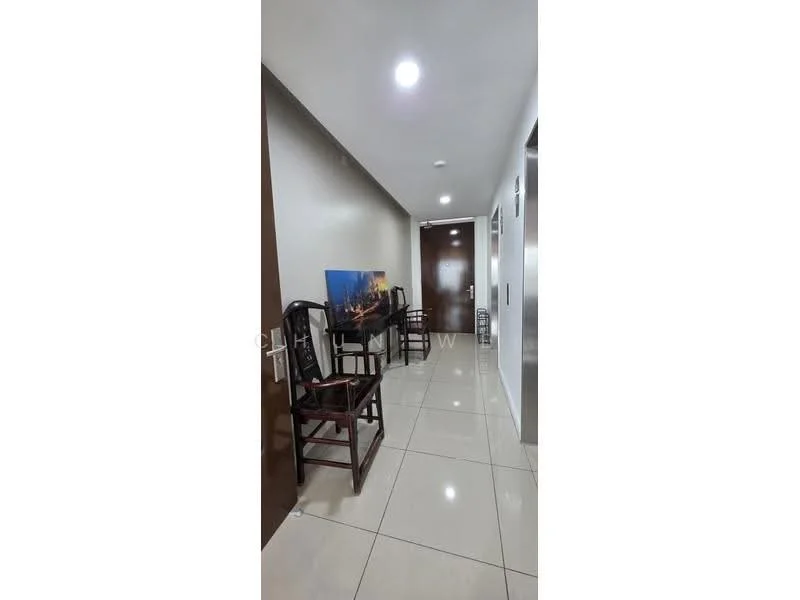 Hallway features: glossy ceramic tile flooring, white painted walls, recessed downlights, wooden doors, elevator access, two black wooden chairs, framed artwork on wall, neutral color scheme; style: modern.