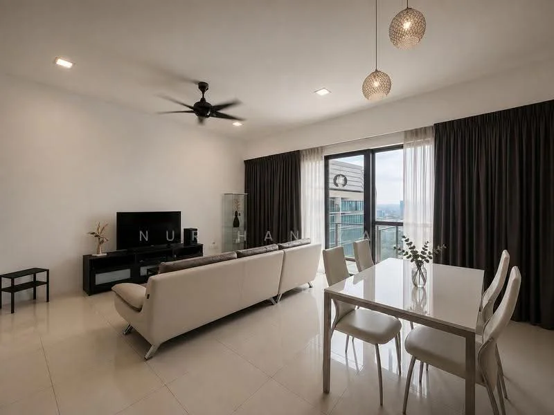 Living features: 3-seater fabric sofa in white, 2-seater fabric sofa in white, coffee table, TV console, wall-mounted TV, floor-to-ceiling windows, sheer curtains, blackout curtains, 5-blade ceiling fan, recessed LED downlights, area rug, decorative vase on table; style: modern; view: city. Dining features: 6-seater dining table, upholstered dining chairs, decorative centerpiece; style: modern; view: city.