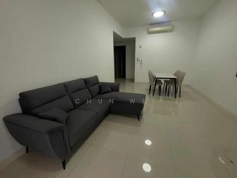 Living features: grey fabric L-shape sectional sofa, marble tile flooring, white painted walls, recessed ceiling lights, 1 wall-mounted split AC, dining table with 4 upholstered chairs, floor-to-ceiling window, neutral decor; style: modern.