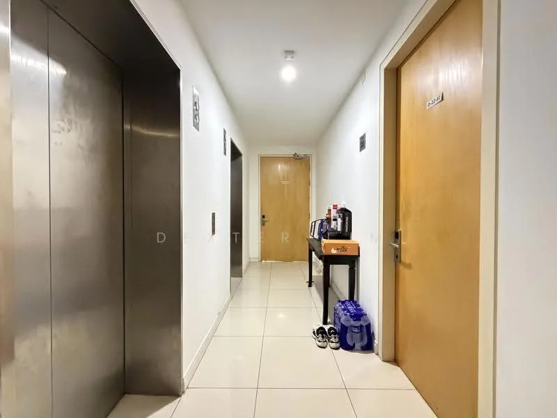 Hallway features: elevator door, two wooden doors, white painted walls, tile flooring, ceiling lights, small console table, water bottles, slippers; style: modern.