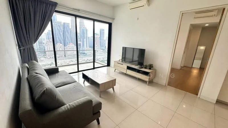 Living features: floor-to-ceiling windows, grey fabric 3-seater sofa, light wood coffee table, wall-mounted TV, cream painted walls, glossy tile flooring, air conditioning unit, curtains, city skyline view; style: modern; view: city.