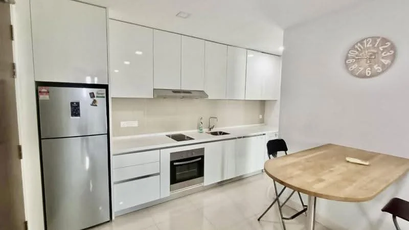 Kitchen features: white cabinetry, stainless-steel fridge, built-in oven, stainless-steel sink, chrome pull-down faucet, white quartz countertop, ceramic tile backsplash, stainless-steel range hood, 4-burner gas hob, dining table with wooden top, black folding chair, wall clock, recessed downlights, white tiled flooring; style: modern.
