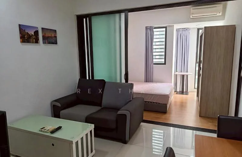 Living features: 2-seater fabric sofa in grey and black, coffee table, TV console, wall-mounted TV, tile flooring, air conditioning unit, decorative artwork on walls, sliding glass door, natural light from window; style: modern. Bedroom features: queen-size bed, bedside table, curtains, wooden flooring, built-in wardrobe, natural light from window; style: modern.