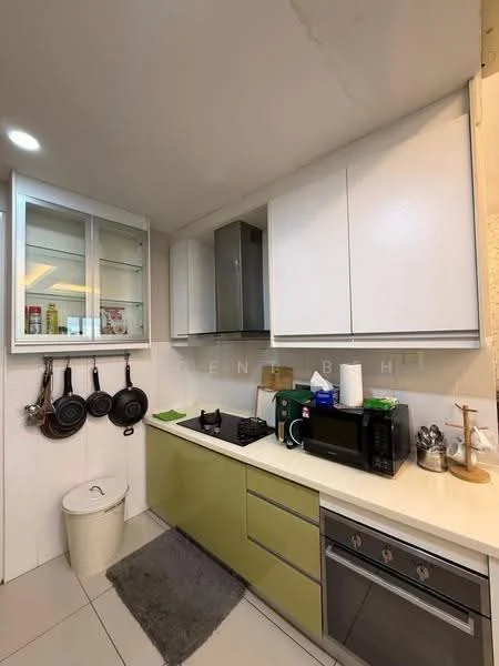 Kitchen features: white cabinetry with flat-panel doors, green lower cabinets, stainless-steel built-in oven, 4-burner gas hob, black microwave, black coffee machine, white countertop, ceramic tile flooring, recessed downlights, hanging pots and pans, kitchen sink, dish drying rack, small rug; style: modern.