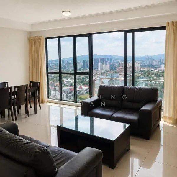 Living features: floor-to-ceiling windows, city view, black leather sofa, 3-seater sofa, coffee table, dining table for 4, cream curtains, polished tile flooring, recessed ceiling light; style: modern.