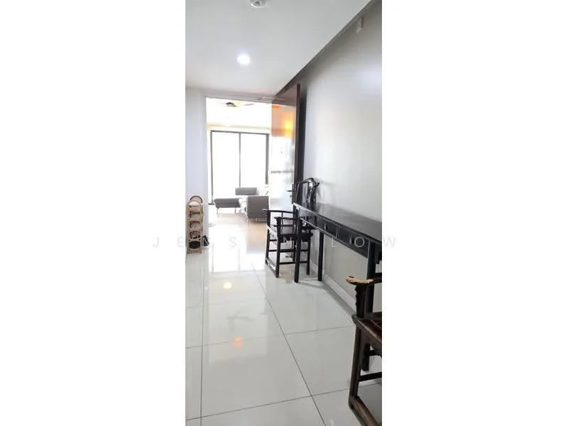 Room features: white painted walls, glossy white tile flooring, recessed downlights, large windows with natural light, open space layout, black console table, wooden chairs, minimalist decor; style: modern.
