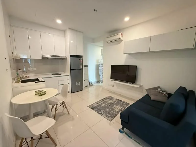Living features: white painted walls, ceramic tile flooring, recessed downlights, wall-mounted TV, TV console, 3-seater fabric sofa in navy blue, round dining table, 4 white dining chairs, stainless-steel fridge, built-in kitchen cabinets, kitchen countertop, split air conditioning unit, area rug with geometric pattern; style: modern.