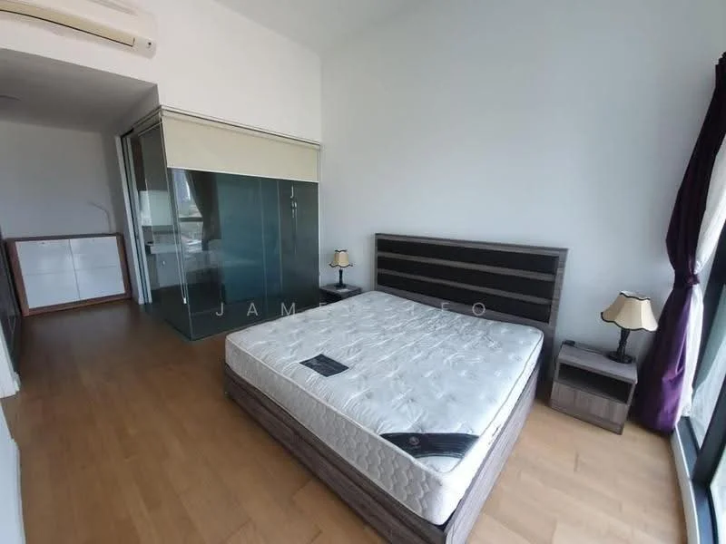 Bedroom features: queen-size bed, upholstered headboard, 2 bedside lamps, wooden flooring, floor-to-ceiling windows, glass partition, built-in wardrobe, neutral wall color; style: modern.