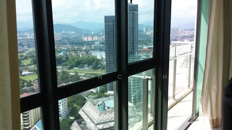 Room features: floor-to-ceiling windows, city skyline view, curtains, glass balcony railing, tile flooring, natural light, modern design, open space; style: modern; view: city.