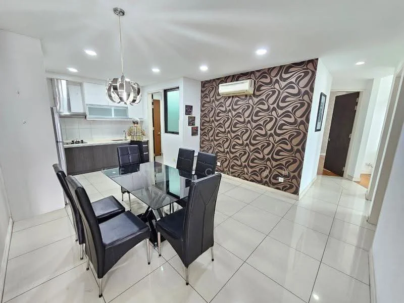 Dining features: glass dining table, 6 black leather dining chairs, white tiled flooring, feature wall with abstract pattern, recessed LED downlights, wall-mounted air conditioning unit, open kitchen area visible, neutral painted walls; style: modern.