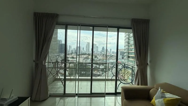 Living features: floor-to-ceiling sliding glass door, curtains, city skyline view, light-colored walls, tiled flooring, sofa, decorative cushions, coffee table, bicycle on balcony; style: modern; view: city.