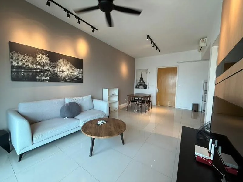 Living features: 3-seater fabric sofa in light grey, round wooden coffee table, dining table with four chairs, wall-mounted TV, recessed LED downlights, ceiling fan, large wall art featuring a bridge, light-coloured walls, glossy tile flooring, open layout, window with natural light; style: modern.