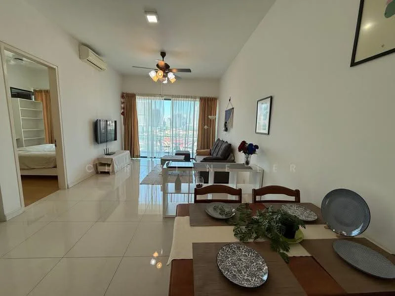 Living features: white painted walls, polished ceramic tile flooring, 5-blade ceiling fan with light, sofa in grey fabric, coffee table, wall-mounted TV, TV console, area rug, floor-to-ceiling windows with sheer curtains, dining table with 4 wooden chairs, decorative plants in ceramic pots; style: modern; view: city. Room features: cream painted walls, wooden flooring, queen-size bed, built-in wardrobe, bedside lamps.