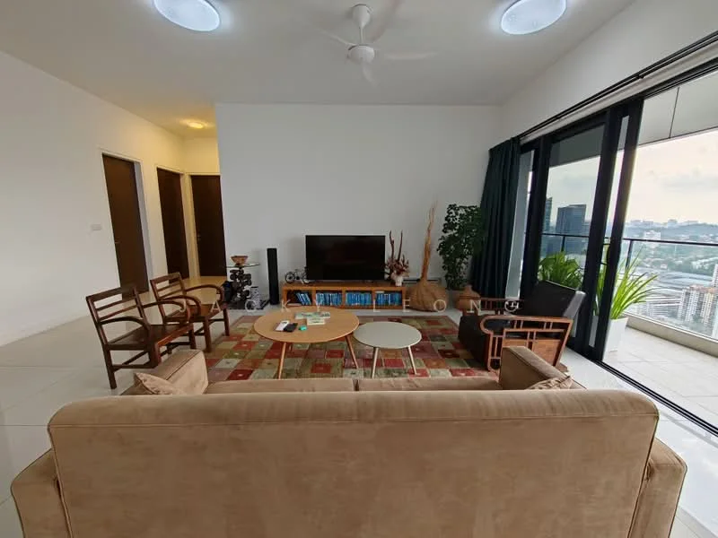 Living features: beige fabric sofa, 3-seater sofa, wooden coffee table, area rug with geometric pattern, TV console, wall-mounted TV, floor-to-ceiling windows, sliding glass door, curtains, indoor plants, 4 wooden chairs, decorative vases, recessed ceiling lights, ceiling fan; style: modern; view: city.