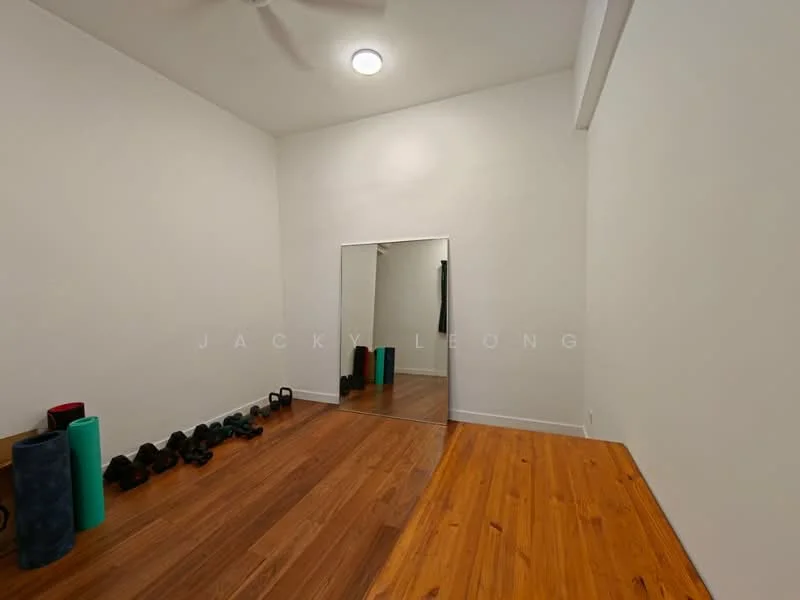 Room features: wooden flooring, white painted walls, ceiling fan, mirror on wall, exercise equipment, green yoga mats, dumbbells, recessed ceiling light; style: modern.