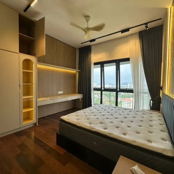Bedroom features: queen-size bed, wooden flooring, built-in wardrobe with shelves, wall-mounted desk, floor-to-ceiling windows, curtains, ceiling fan, wall-mounted lighting, decorative wall paneling, neutral color scheme; style: modern; view: city.