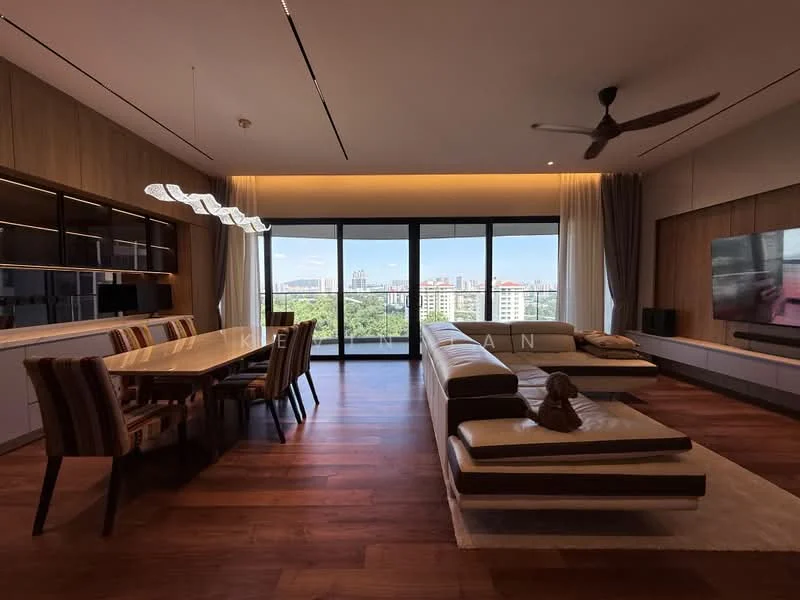 Living features: wooden flooring, floor-to-ceiling windows, 5-blade ceiling fan, recessed downlights, L-shape sectional sofa in beige, coffee table, TV console, wall-mounted TV, 6-seater dining table, upholstered dining chairs, decorative wall paneling, curtains, area rug; style: modern; view: city.