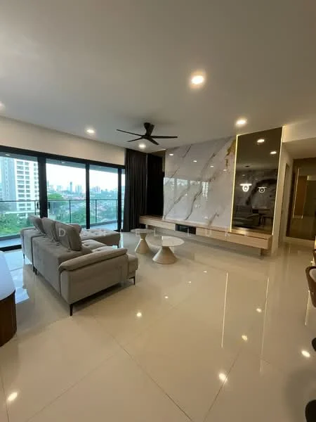 Living features: 3-seater fabric sofa in light grey, 2 accent chairs, coffee table with round top, TV console with built-in storage, wall-mounted TV, marble feature wall, recessed downlights, ceiling fan with light, floor-to-ceiling windows, blackout curtains, glossy tile flooring, view of city skyline; style: modern; view: city.