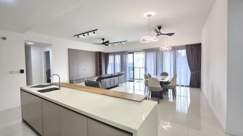 Kitchen features: single-bowl stainless-steel sink, chrome pull-down faucet, white quartz countertop, flat-panel grey cabinets, built-in oven, freestanding range oven, recessed LED downlights; style: modern; view: city. Living features: 3-seater fabric sofa in grey, coffee table, wall-mounted TV, area rug, 5-blade ceiling fan, recessed LED downlights, floor-to-ceiling windows, curtains; style: modern; view: city. Dining features: round dining table, upholstered dining chairs, pendant lamp, 5-blade ceiling fan; style: modern; view: city.