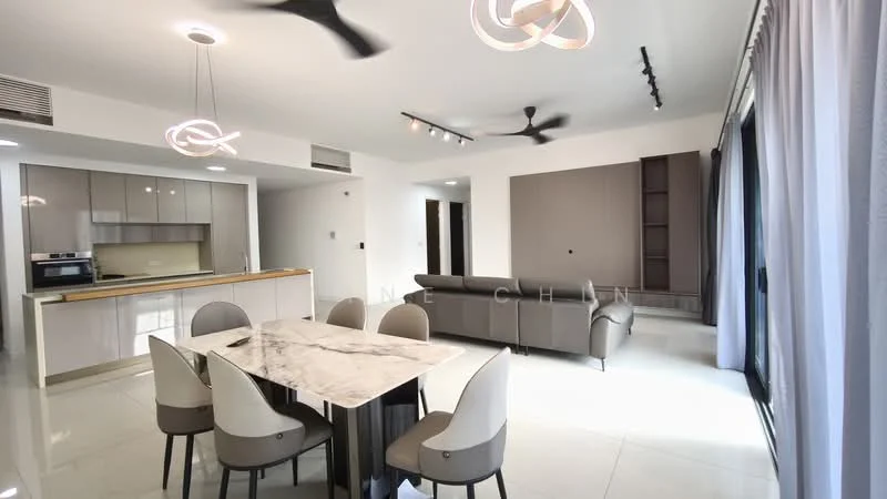 Living features: marble dining table, upholstered dining chairs, 3-blade ceiling fan, recessed downlights, pendant light fixture, grey sectional sofa, large windows with sheer curtains, white walls, glossy tile flooring, open-plan layout to kitchen; style: modern. Kitchen features: built-in oven, stainless-steel microwave, flat-panel cabinetry, white countertops, kitchen island, open layout to living area; style: modern.
