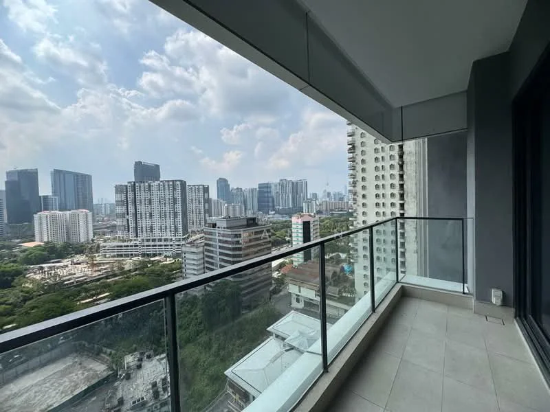 Balcony features: glass railing, tile flooring, city skyline view, outdoor space, covered area; style: modern; view: city.