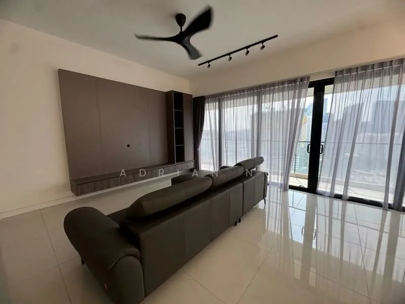Living features: 3-seater leather sofa in grey, wall-mounted TV console, floor-to-ceiling windows, sliding glass door, sheer curtains, recessed LED downlights, ceiling fan, white painted walls, glossy tile flooring; style: modern; view: city.