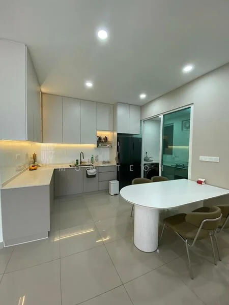 Kitchen features: white cabinetry, grey countertop, single-bowl stainless-steel sink, chrome pull-down faucet, built-in oven, stainless-steel fridge, ceramic tile flooring, recessed LED downlights, glass sliding door, dining table with round top, upholstered dining chairs; style: modern.