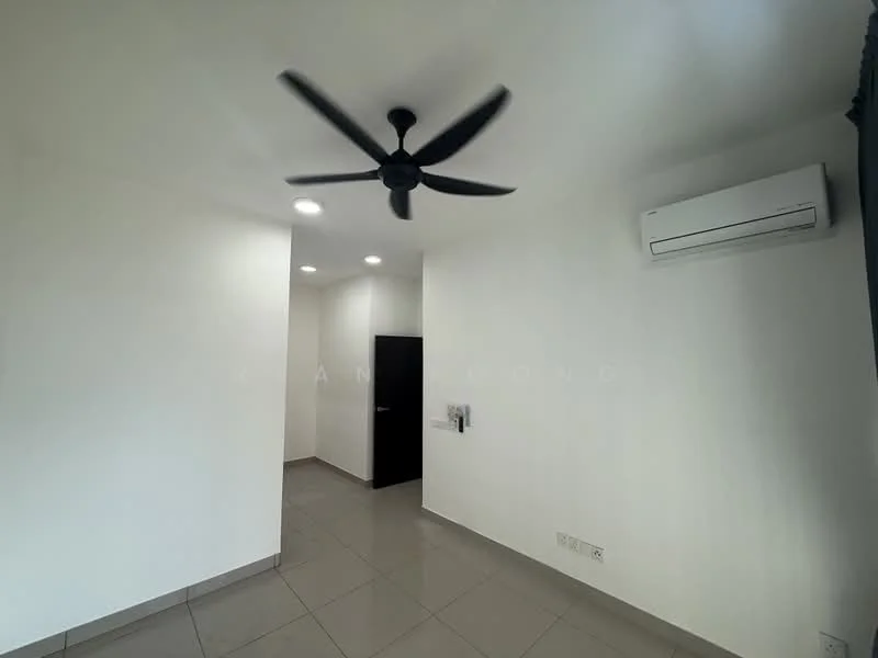 Room features: white painted walls, grey floor tiles, 5-blade ceiling fan, recessed LED downlights, wall-mounted split AC, doorway leading to another room, single electrical outlet, no visible furniture; style: modern.