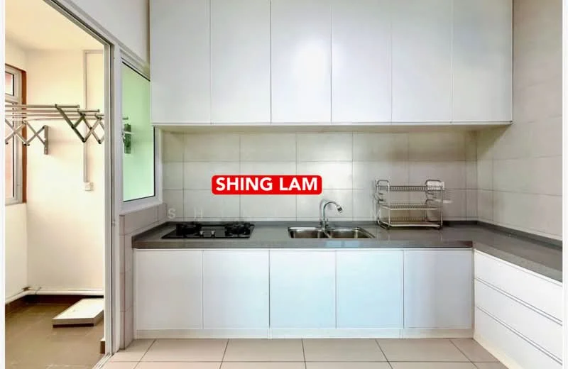 Kitchen features: white cabinetry, grey countertop, stainless-steel sink, 2-burner gas hob, tile backsplash, wall-mounted storage rack, window for natural light, ceramic tile flooring; style: modern.